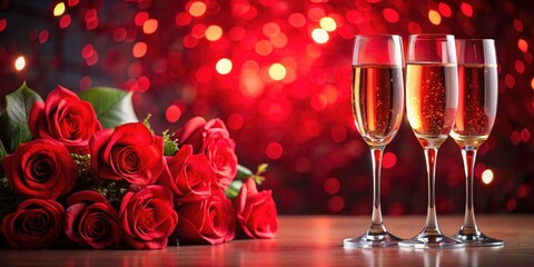 Fototapeta premium A Valentine's dinner: roses, champagne, exquisite glassware for a romantic evening.