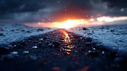 Beautiful Sunrise Over Snowy Road with Glowing Reflections