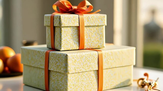 elegant setup for eid gift wrapping featuring intricate patterns and luxurious ribbons 