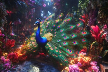 Obraz premium A colorful peacock is standing in a lush, tropical garden