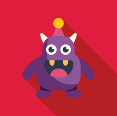 Friendly purple cartoon monster wearing party hat, smiling and having fun, isolated on red background