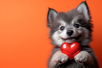 Obraz premium Finnish lapphund - my desired dog. Cute finnish lapphund dog with sparkling rhinestones red heart - emblem of love, funny greeting card. Marketing idea. Valentine's day. Valentine's animals.