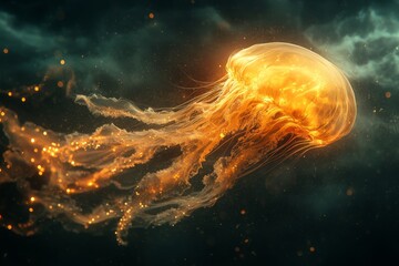 Naklejka premium Glowing jellyfish ocean deep dark fantasy art
