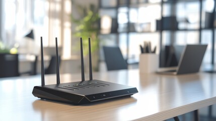 A cutting-edge network router with advanced features in a clean, professional workspace, modern and streamlined design