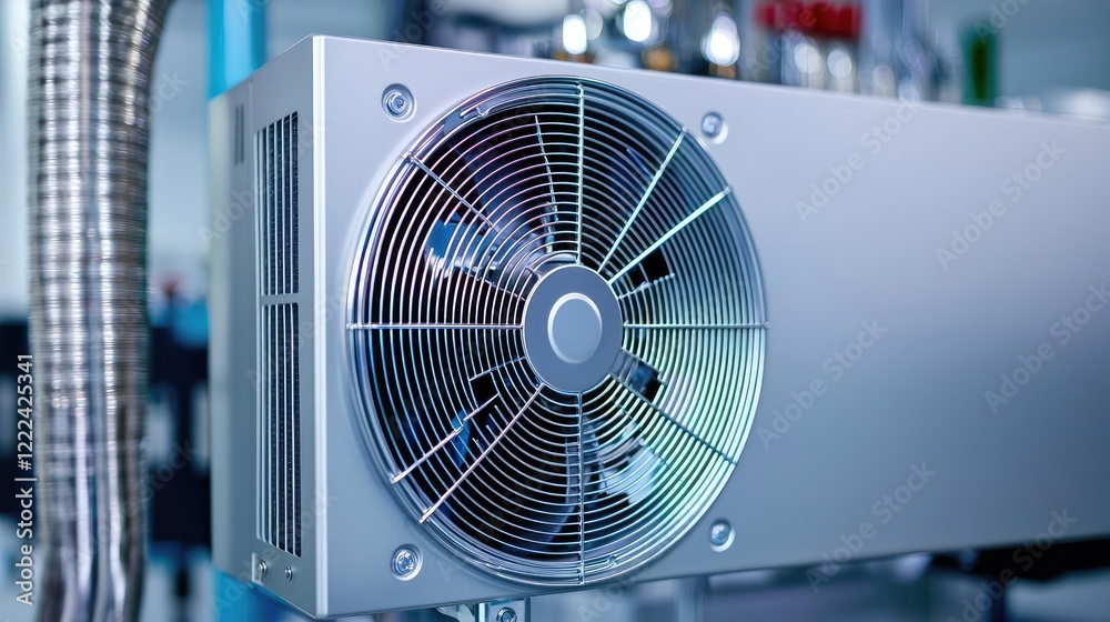 Poster energy efficiency idea. industrial ventilation fan in a modern factory setting for efficient air cir