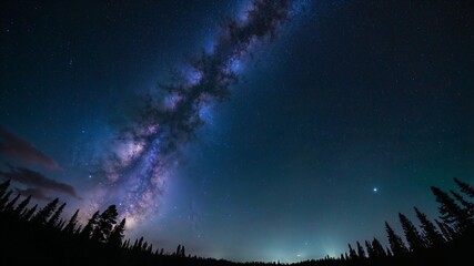 Naklejka premium A breathtaking view of the Milky Way stretching across the night sky, framed by silhouetted trees and a serene horizon.