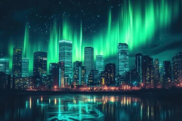 aurora borealis dancing across cyberpunk cityscape, neon geometric patterns merging with natural celestial phenomena