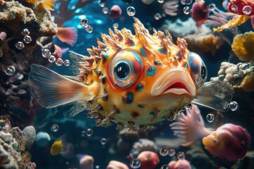 A fish with a big mouth and a funny face is swimming in a colorful ocean