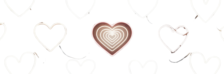 Series of heart-shaped neon outlines with spiral and concentric patterns isolated on transparent background PNG