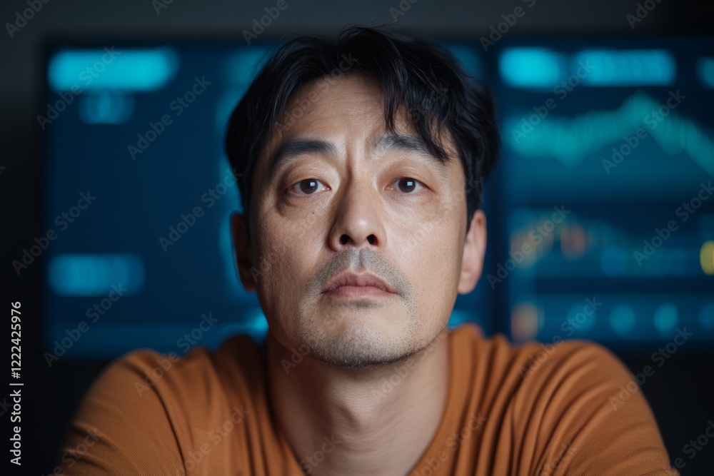 Fototapete Digital Currency Dynamics South Korean Businessman Analyzing Market Data on Multiscreen Setup - Financial Insight for Modern Business and Investment Strategies