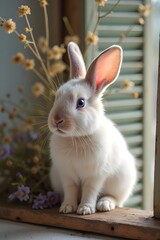 Obraz premium White Rabbit Sitting Quietly on Rustic Windowsill with Dried Flowers with Copy Space