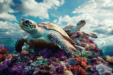 Obraz premium Two turtles are laying on a coral reef