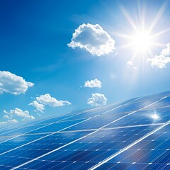 Bright Solar Panels Under Clear Sky with Sunlight Reflection
