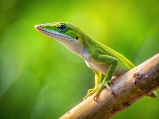 Fototapeta premium A vibrant green anole, a study in simplicity, clinging to a slender branch.