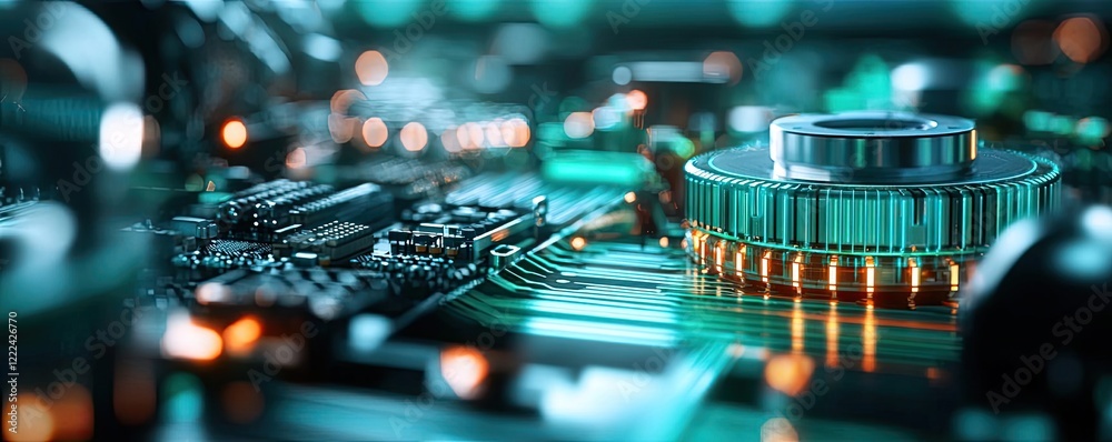 Poster green technology concept. close-up of a modern circuit board showcasing intricate electronic compone