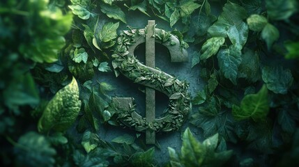 Obraz premium A bold dollar sign crafted from eco-friendly materials like wood or stone, wrapped gently by climbing green vines and dotted with small