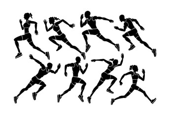 Set of running men and women isolated silhouettes illustration	
