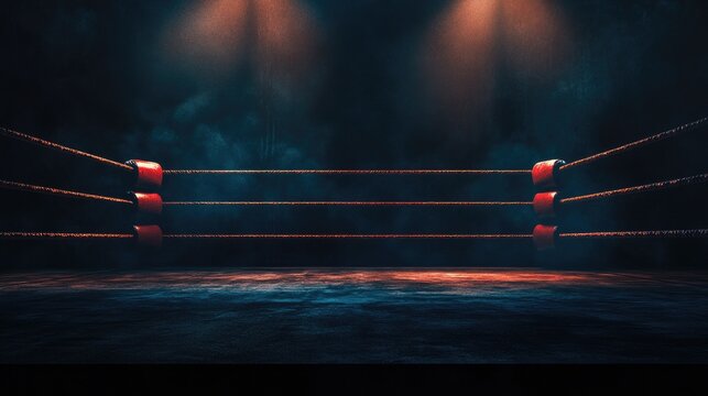 Empty professional boxing ring in the dark, illuminated spotlight. Sport background.