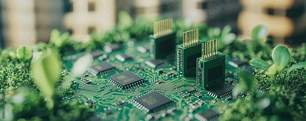 Poster green technology concept. a close-up of a circuit board surrounded by lush greenery, symbolizing eco