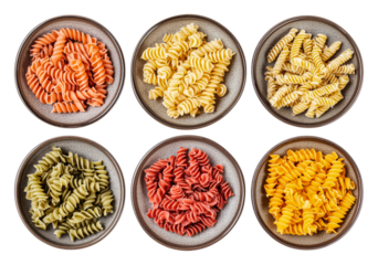PNG Colorful assortment of pasta shapes in bowls