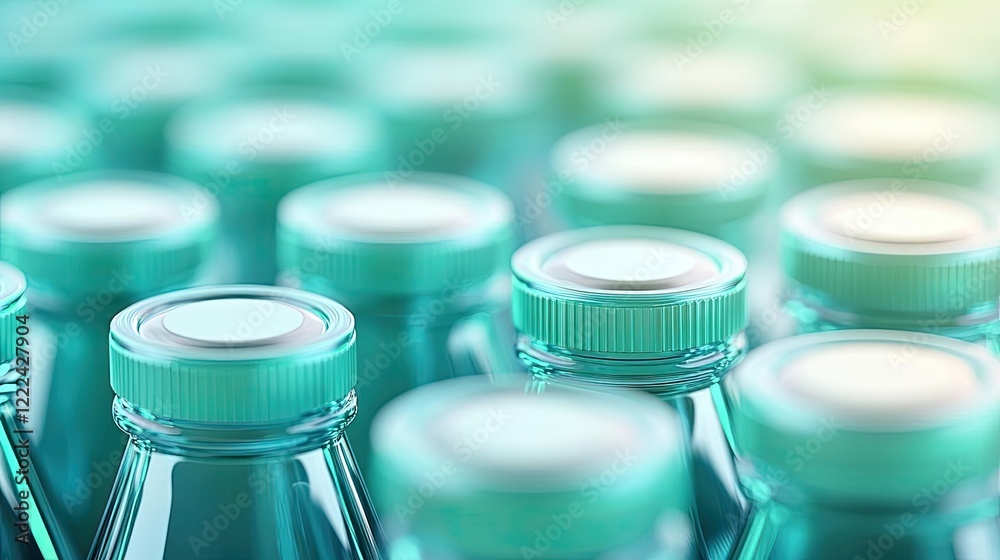 Aufkleber green technology concept. close-up view of numerous green glass bottles arranged neatly in a row.