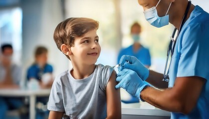 Young patient receives vaccination in a bright clinic with supportive atmosphere and attentive medical staff, promoting health and confidence