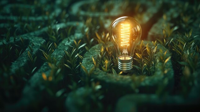 A glowing lightbulb sits at the center of a sprawling, green maze, symbolizing an idea or solution within a complex problem
