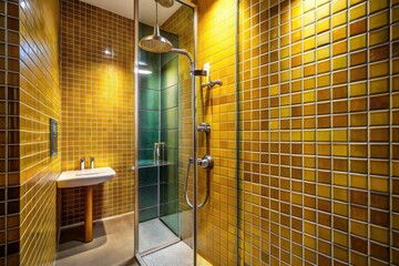 Vintage tiles in a vertical pattern, accented by yellow grout, complement a modern stainless steel shower bar in this luxury hotel bathroom.