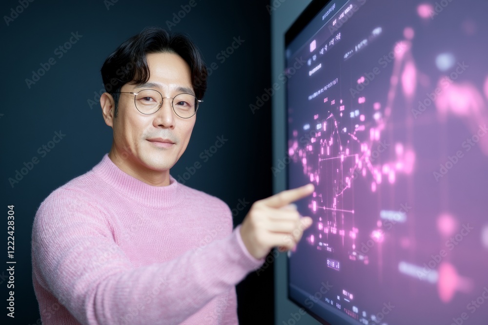 Poster Tech-Infused Volunteer Coordination Korean Man in Modern Office with Digital Task Board - Enhancing Virtual Engagement and Startup Efficiency through Interactive Design