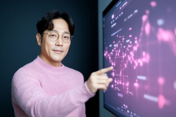 Tech-Infused Volunteer Coordination Korean Man in Modern Office with Digital Task Board - Enhancing Virtual Engagement and Startup Efficiency through Interactive Design