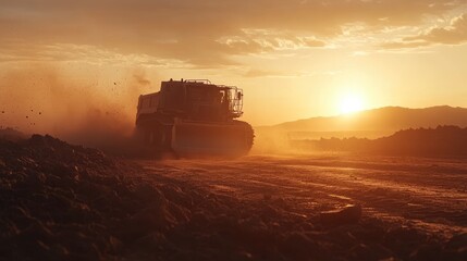 Fototapeta premium Powerful bulldozer moving earth and debris on a construction site during a vivid sunset, showcasing industrial machinery and rugged landscape.