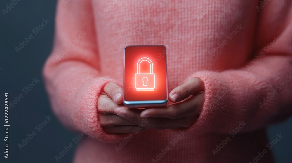 Poster Cybersecurity Glow-Up Digital Identity on Smartphone with Neon Lock - Enhancing Personal Data Security in Fintech and Mobile Commerce for Indian Women