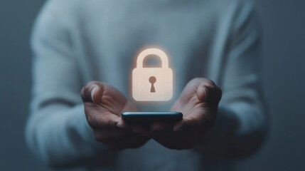 Cybersecurity Enclave Modern Smartphone with Glowing Padlock Icon in Urban Hands - Digital Privacy Art and Secure Mobile Transactions for Tech-Savvy Professionals