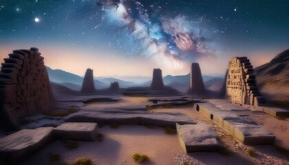 Firefly ruins on another planet under a starry sky revealing ancient structures and a distant galaxy while the horizon glows softly at twilight