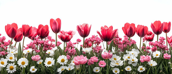 Pink tulips, daisies border, white