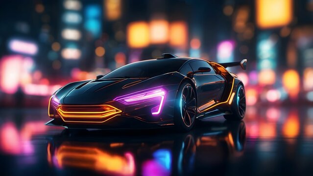 A sleek, futuristic car is driving smoothly through a vibrant city at night