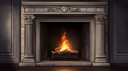 Naklejka premium Stone fireplace with fire for home interior. Black hearth in frame with pilasters, frieze and mantelpiece and with burning flame isolated on transparent background, vector realistic illustration