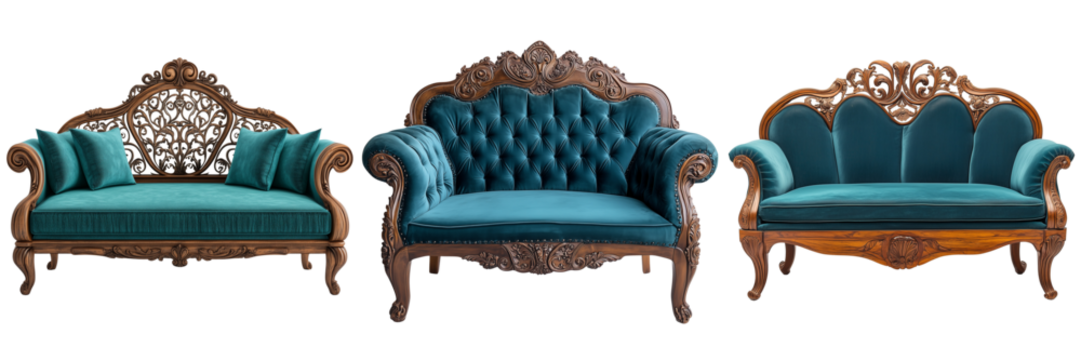 Set of A modern gray fabric sofa with clean lines and wooden legs, styled with pastel-colored throw pillows on transparent png background