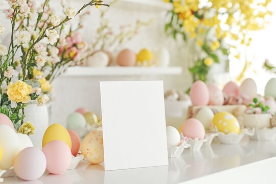 Empty white menu mockup among colorful Easter eggs on counter in pastry shop decorated for Easter with spring flowers