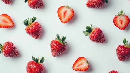 Pattern of fresh ripe strawberries on a white surface creating a visually appealing image