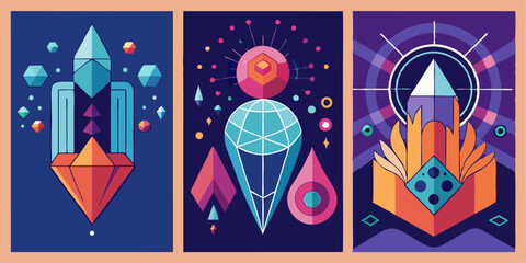 Abstract minimalist crystal posters collection: modern geometric designs for wall art and decor
