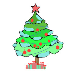 A decorated Christmas tree with gifts and ornaments for the holiday season. A festive green fir tree, decorated with sparkling ornaments and adorned with colorful gifts, ready for the joyous Christmas