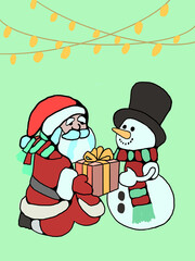 Merry Christmas cartoon vector illustration of Santa Claus and Snowman with gifts under the Christmas tree. Santa Claus and Snowman with Gifts in a Winter Holiday Scene.