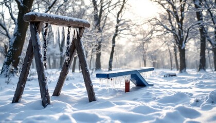 Frozen playground with icicles clinging to swing set and a bench in winter forest