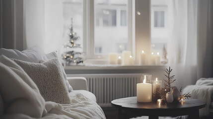 Stylish Christmas scandinavian minimalistic interior with white decor