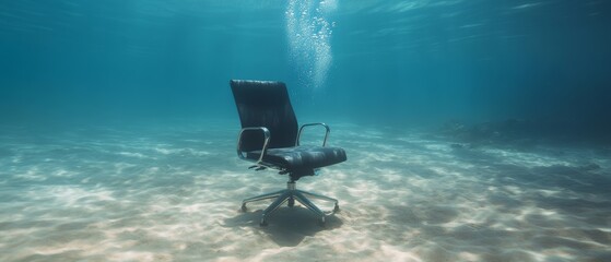 An office chair sits submerged underwater, bubbles rising around it, creating a surreal blend of workplace and oceanic elements.