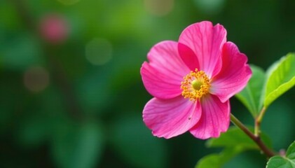 Fototapeta premium Pink wild rose branch with green leaves and stem, pink wild rose, blooming flower