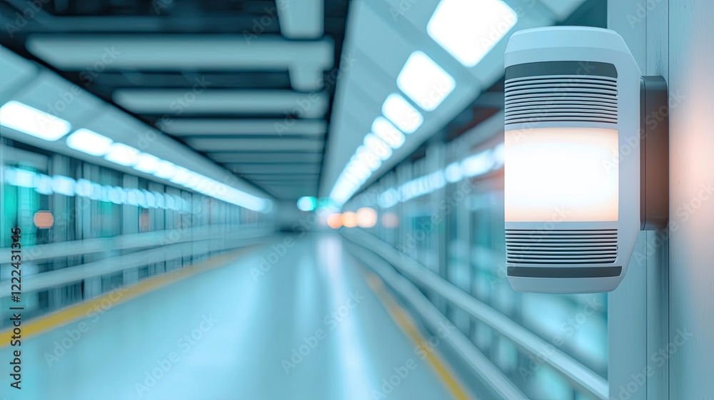 Poster energy efficiency idea. a modern corridor illuminated by stylish wall lights, creating a sleek atmos