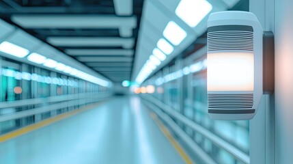 Naklejka premium Energy efficiency idea. A modern corridor illuminated by stylish wall lights, creating a sleek atmosphere.