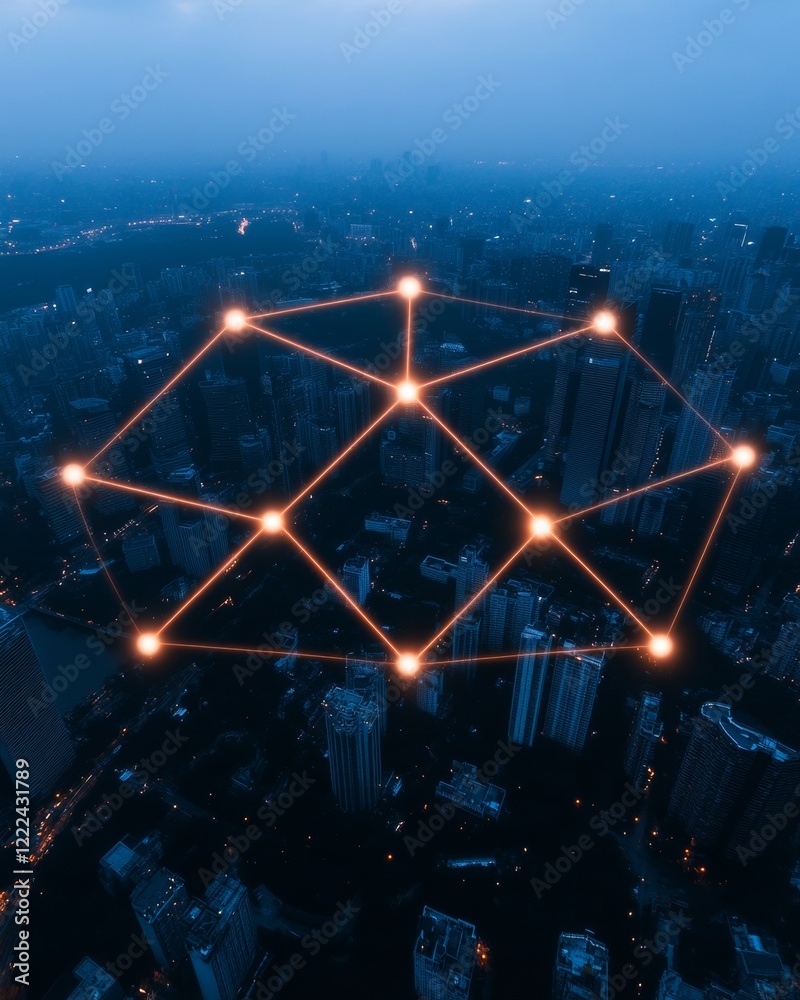 Poster futuristic smart city network neon connectivity overlay on urban skyline - enhancing iot security so